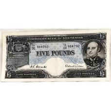 AUSTRALIA 1954 . FIVE 5 POUND BANKNOTE . COOMBS/WILSON . FIRST PREFIX TA00